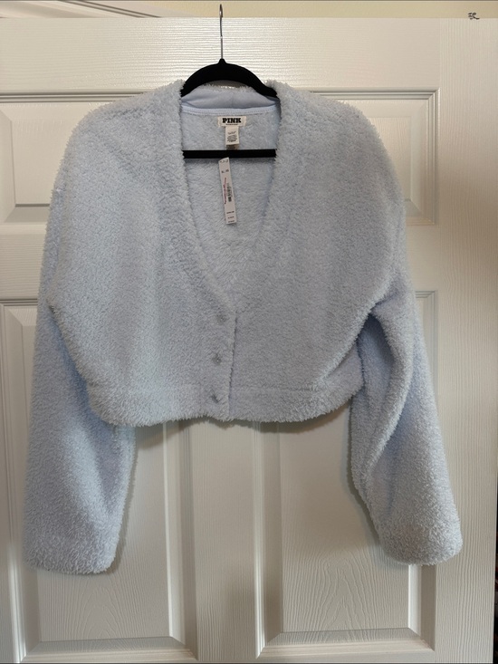 PINK Victoria's Secret Jackets & Blazers - PINK Victoria’s Secret Cozy Cropped Fuzzy Teddy Bear Cardigan Light Blue NWT XL